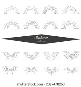 Collection of  hand drawn sunburst in retro style. Half circle. Vector illustration isolated on white background