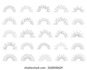 Collection of  hand drawn sunburst in retro style. Half circle. Vector illustration isolated on white background