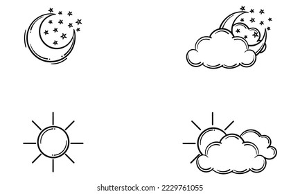 a collection of hand drawn of sunny and cloudy weather at night and during the day on whte background