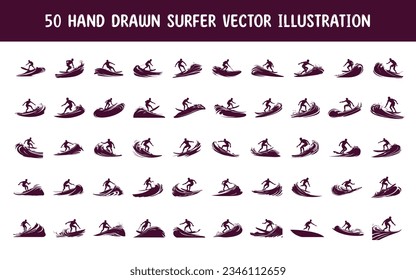 collection hand drawn surfing man vector illustration. hand drawn vector illustration