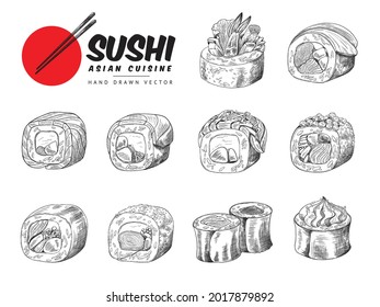 Collection of hand drawn sushi pieces, sketch engraving style vector illustration isolated on white background. Japanese asian cuisine sushi meals set in vintage style.