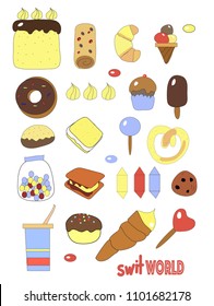 Collection of hand drawn. Sweet world. Cake,ice cream, candy,cookies, doughnuts.For your design and creativity