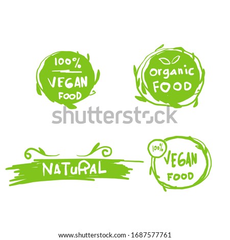 collection of hand drawn symbol element for Vegan, eco, bio, organic, fresh, healthy, 100 percent, natural food, Natural product. with doodle style.vector