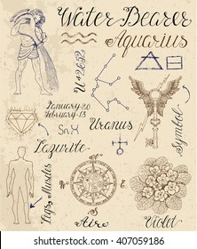 Colección de símbolos dibujados a mano para el signo astrológico zodiaco Aquarius o el portador de agua. Ilustración vectorial de línea de conjunto de horóscopos grabados. Dibujo y dibujo de Doodle con letras caligráficas