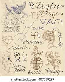 Collection of hand drawn symbols for astrological zodiac sign Virgin or Virgo. Line art vector illustration of engraved horoscope set. Doodle drawing and sketch with calligraphic lettering