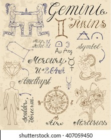 Collection of hand drawn symbols for astrological zodiac sign Gemini or Twins. Line art vector illustration of engraved horoscope set. Doodle drawing and sketch with calligraphic lettering