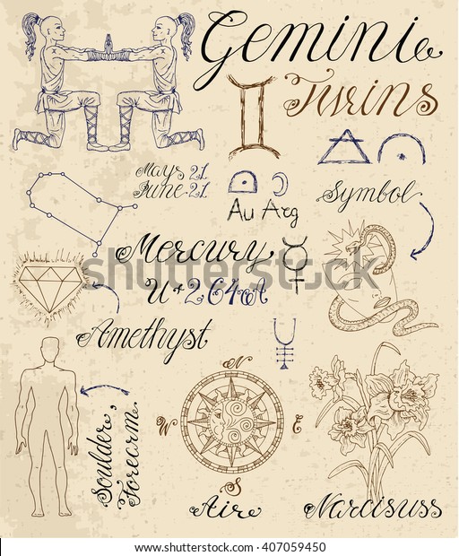 Collection\
of hand drawn symbols for astrological zodiac sign Gemini or Twins.\
Line art vector illustration of engraved horoscope set. Doodle\
drawing and sketch with calligraphic\
lettering