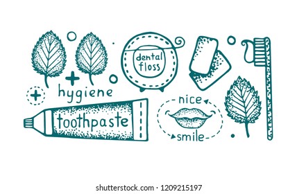 Collection of hand drawn symbols of hygiene: toothpaste, toothbrush, dental floss, nice smile, mint leaves and bubblegum. Vector. Isolated on background.