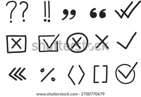 Collection of hand drawn symbols including check marks, crosses, punctuation, brackets, and arrows. Simple black line icons perfect for UI design, notes, and presentation graphics.