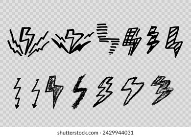 collection of hand drawn symbols of lightning, lightning, energy, power, lightning doodles in vector