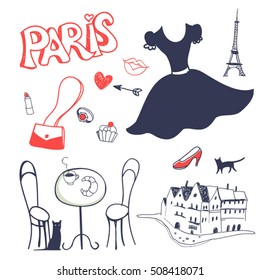 collection of hand drawn symbols of Paris 