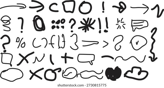 Collection of hand drawn symbols and punctuation marks for creative projects
