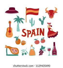 Collection Hand drawn symbols of Spain. Culture, food and natural signs. Vector clipart.