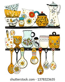 Collection of hand drawn tableware items in rustic style on kitchen shelf. Retro ceramic utensils or crockery - spoons, dishes, bowls, pitchers. Vector colorful set objects, vertical poster.