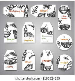 Collection of hand drawn tags for thanksgiving day illustration.