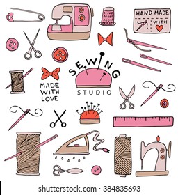 The collection of hand drawn tailor tools for your design. Doodle, sketch. 
