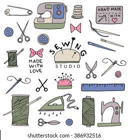 Collection of hand drawn tailor tools for your design. Doodle, sketch. 