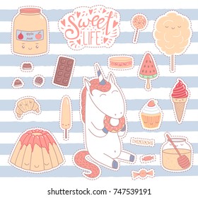 Collection of hand drawn templates for greeting cards, with sweet food doodles, with kawaii faces and typography, Italian text La dolce vita (Sweet life). Vector illustration. Design concept kids.