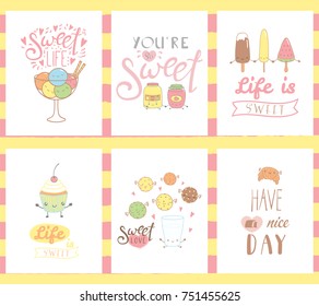 Collection of hand drawn templates for greeting cards, posters, with sweet food doodles, with kawaii cartoon faces and typography. Vector illustration. Design concept dessert, children. Collection of hand drawn templates for greeting cards, posters, with sweet food doodles, with kawaii cartoon faces and typography. Vector illustration. Design concept dessert, children.
