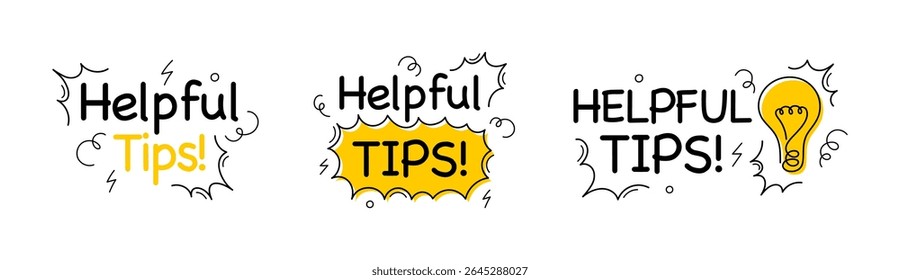 Collection of hand drawn text designs with phrase “Helpful Tips!” Playful design in doodle style drawn by hand ideal for education content, advice sections, or blog headers. Vector illustration