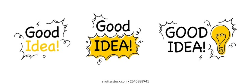Collection of hand drawn text designs with phrase “Good Idea!” Playful design in doodle style drawn by hand ideal for education, business, or blog headers. Vector illustration
