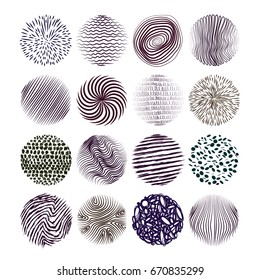 Collection of hand drawn textures. The art of design elements: circles, brush, wavy lines, abstract backgrounds, patterns. Vector illustration. Isolated on white background. Freehand drawing.