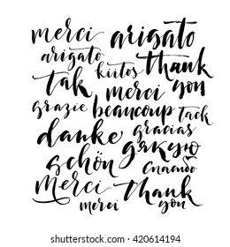 Collection of hand drawn thank you words in different languages. Ink illustration. Modern brush calligraphy. Isolated on white background. 