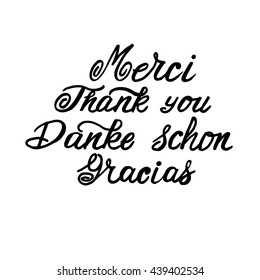 Collection of hand drawn thank you words in different languages. Ink illustration. Modern brush calligraphy. Isolated on white background.