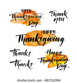 Collection of hand drawn Thanksgiving lettering element. Abstract orange watercolor shape. Hand drawn festive phrase. Ink illustration. Modern brush calligraphy. Isolated on white background. 