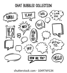 Colección de burbujas de pensamiento dibujadas a mano y de habla. Saludos de mensajes estilo doodle globo cómico, elementos de diseño en nube. Vector aislado.