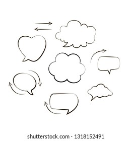 Collection of hand drawn think and talk speech bubbles message. Doodle style black comic balloon, cloud, heart shaped design elements. Isolated vector. Line bubbles with arrows on white background