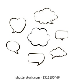 Collection of hand drawn think and talk speech bubbles message. Doodle style black comic balloon, cloud, heart shaped design elements. Isolated vector. Line bubbles on white background