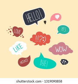 Collection of hand drawn think and talk speech bubbles message. Trendy comic balloon, cloud, heart shaped design elements. Isolated vector. Color speech bubbles with inspiration