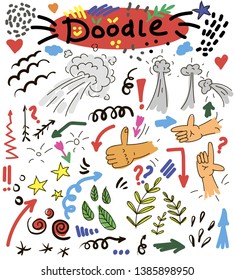 Collection of hand drawn think and talk speech bubbles with love message, greetings and sale ad. Doodle style comic balloon, cloud, heart shaped design elements. Isolated vector.
