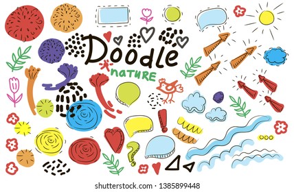 Collection of hand drawn think and talk speech bubbles with love message, greetings and sale ad. Doodle style comic balloon, cloud, heart shaped design elements. Isolated vector.