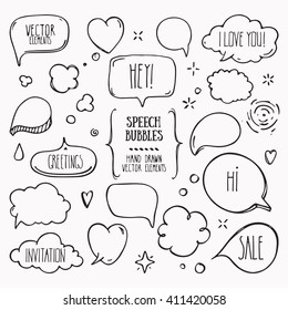 Collection of hand drawn think and talk speech bubbles with love message, greetings and sale ad. Doodle style comic balloon, cloud, heart shaped design elements. Isolated vector.