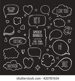 Collection of hand drawn think and talk speech bubbles with love message, greetings and sale ad. Doodle style comic balloon, cloud, heart shaped design elements. Isolated vector.