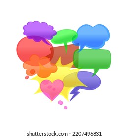 Collection Of Hand Drawn Transparent Speech Bubbles Of Various Shapes, With Gradient Coloring And 3d Effect. Word, Thought, Emotion, Conversation Balloons For Comics, Comment, Sticker, Presentation