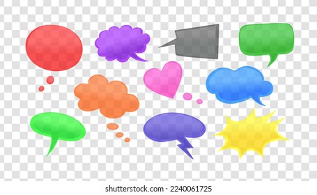 Colección de burbujas de voz transparentes dibujadas a mano de varias formas, con color degradado y efecto 3d. Palabra, pensamiento, emoción, globos de conversación para historietas, comentarios, pegatinas, presentación