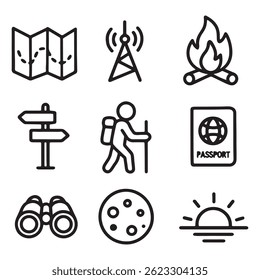 A collection of hand drawn travel and adventure elements featuring black and white sketch style icons. Includes maps, compasses, globes, backpacks, tents, ships, planes, campfires, cameras, and more.