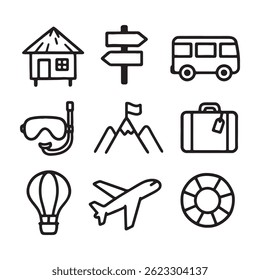 A collection of hand drawn travel and adventure elements featuring black and white sketch style icons. Includes maps, compasses, globes, backpacks, tents, ships, planes, campfires, cameras, and more.