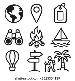 A collection of hand drawn travel and adventure elements featuring black and white sketch style icons. Includes maps, compasses, globes, backpacks, tents, ships, planes, campfires, cameras, and more.