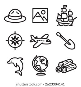 A collection of hand drawn travel and adventure elements featuring black and white sketch style icons. Includes maps, compasses, globes, backpacks, tents, ships, planes, campfires, cameras, and more.