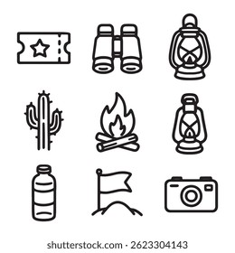 A collection of hand drawn travel and adventure elements featuring black and white sketch style icons. Includes maps, compasses, globes, backpacks, tents, ships, planes, campfires, cameras, and more.