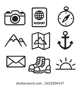 A collection of hand drawn travel and adventure elements featuring black and white sketch style icons. Includes maps, compasses, globes, backpacks, tents, ships, planes, campfires, cameras, and more.