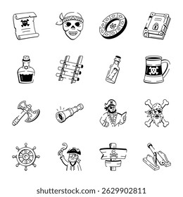 Collection of Hand Drawn Treature Hunting Icons 
