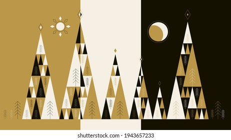 Collection of hand drawn trees on brown, white, black cartoon background vector illustration.