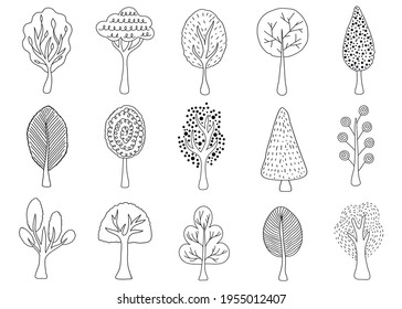 Collection of hand drawn trees on white background.