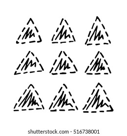 Collection of hand drawn triangles. Set of black and white geometric elements