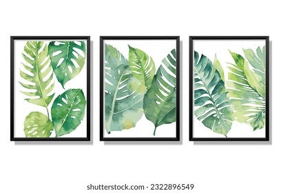 Collection of hand drawn Tropical leaves with green watercolor, Vector Illustration, Botanical Leaves Poster